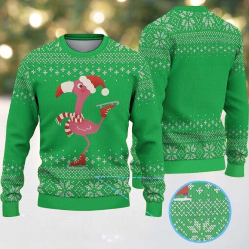 Green Ugly Christmas Sweater with Snowflake Pattern Featuring Festive Flamingo in Santa Hat and Scarf