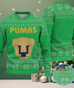 Green Ugly Christmas Sweater with White Snowflake Pattern Featuring Chivas Pumas Logo