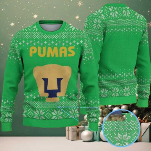 Green Ugly Christmas Sweater with White Snowflake Pattern Featuring Chivas Pumas Logo