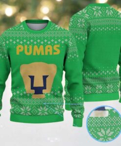 Green Ugly Christmas Sweater with White Snowflake Pattern Featuring Chivas Pumas Logo