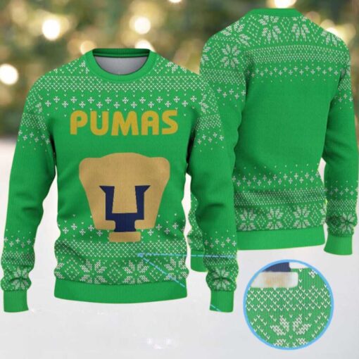 Green Ugly Christmas Sweater with White Snowflake Pattern Featuring Chivas Pumas Logo