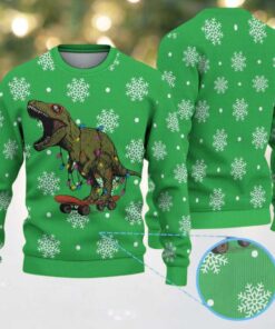 Green Ugly Christmas Sweater with White Snowflake Pattern Featuring Dinosaur with Christmas Lights on Skateboard
