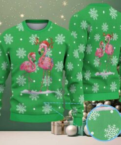 Green Ugly Christmas Sweater with White Snowflake Pattern Featuring Festive Flamingos in Santa Hats