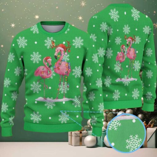 Green Ugly Christmas Sweater with White Snowflake Pattern Featuring Festive Flamingos in Santa Hats