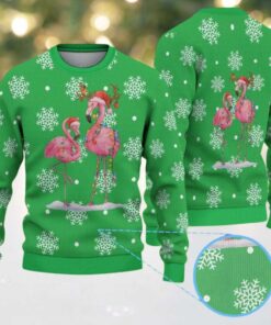 Green Ugly Christmas Sweater with White Snowflake Pattern Featuring Festive Flamingos in Santa Hats