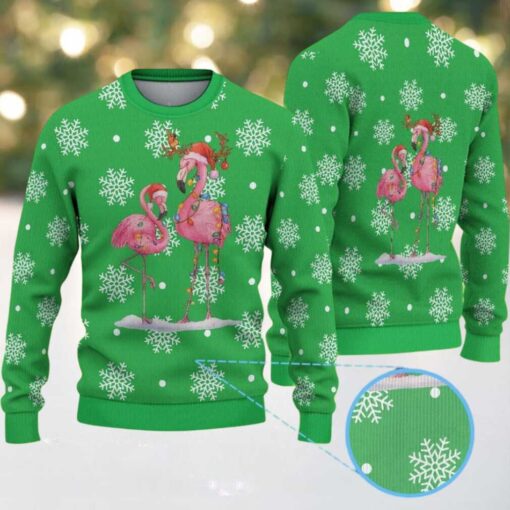 Green Ugly Christmas Sweater with White Snowflake Pattern Featuring Festive Flamingos in Santa Hats