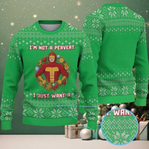 Green Ugly Christmas Sweater with White Snowflake Pattern Featuring Funny Superhero “Not a Pervert, Just Want a Toy” Naughty