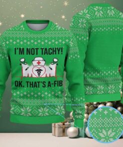 Green Ugly Christmas Sweater with White Snowflake Pattern Featuring Nurse Heartbeat Atrial Fibrillation