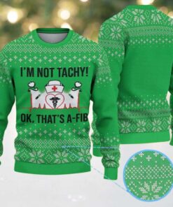 Green Ugly Christmas Sweater with White Snowflake Pattern Featuring Nurse Heartbeat Atrial Fibrillation