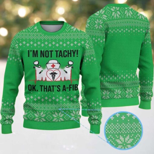 Green Ugly Christmas Sweater with White Snowflake Pattern Featuring Nurse Heartbeat Atrial Fibrillation