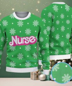 Green Ugly Christmas Sweater with White Snowflake Pattern Featuring Nurse Text
