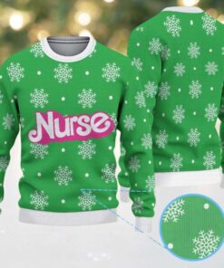 Green Ugly Christmas Sweater with White Snowflake Pattern Featuring Nurse Text