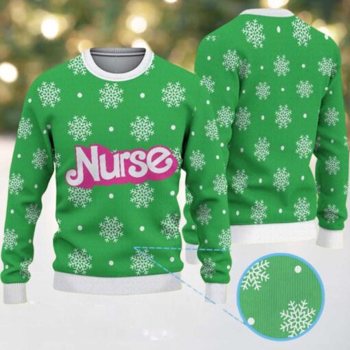 Green Ugly Christmas Sweater with White Snowflake Pattern Featuring Nurse Text