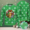 Red Ugly Christmas Sweater with White Snowflake Pattern Featuring Pink Flamingo and Decorated Christmas Tree