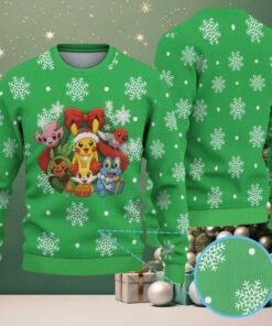 Green Ugly Christmas Sweater with White Snowflake Patterns Featuring Pokémon Pikachu and Friends Holiday