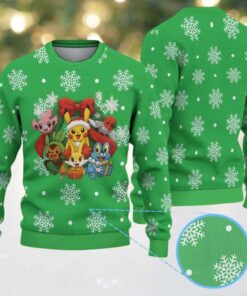 Green Ugly Christmas Sweater with White Snowflake Patterns Featuring Pokémon Pikachu and Friends Holiday