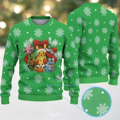Green Ugly Christmas Sweater with White Snowflake Patterns Featuring Pokémon Pikachu and Friends Holiday