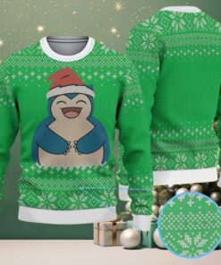 Green Ugly Christmas Sweater with White Snowflake Patterns Featuring Pokémon Snorlax in Santa Hat