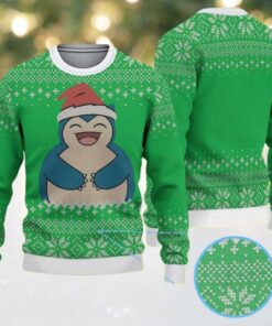 Green Ugly Christmas Sweater with White Snowflake Patterns Featuring Pokémon Snorlax in Santa Hat