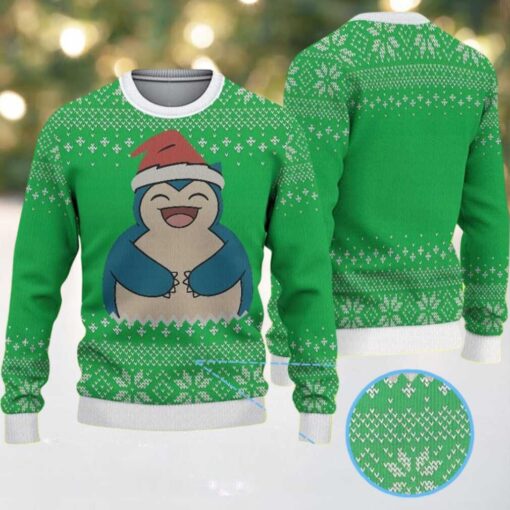 Green Ugly Christmas Sweater with White Snowflake Patterns Featuring Pokémon Snorlax in Santa Hat