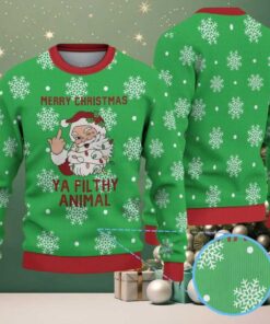 Green Ugly Christmas Sweater with White Snowflakes Featuring Santa Claus and Naughty Quote “Merry Christmas Ya Filthy Animal”