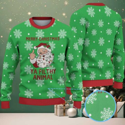 Green Ugly Christmas Sweater with White Snowflakes Featuring Santa Claus and Naughty Quote “Merry Christmas Ya Filthy Animal”