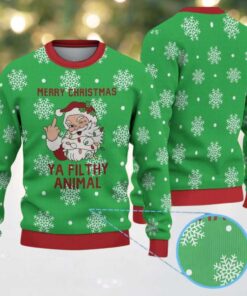 Green Ugly Christmas Sweater with White Snowflakes Featuring Santa Claus and Naughty Quote “Merry Christmas Ya Filthy Animal”