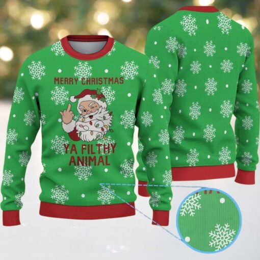 Green Ugly Christmas Sweater with White Snowflakes Featuring Santa Claus and Naughty Quote “Merry Christmas Ya Filthy Animal”