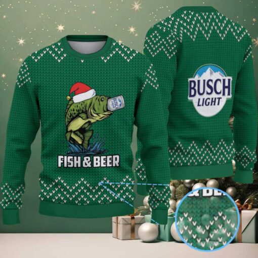 Green & White Zigzag Knit “Busch Light Fish & Beer” Ugly Christmas Sweater