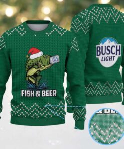 Green & White Zigzag Knit “Busch Light Fish & Beer” Ugly Christmas Sweater