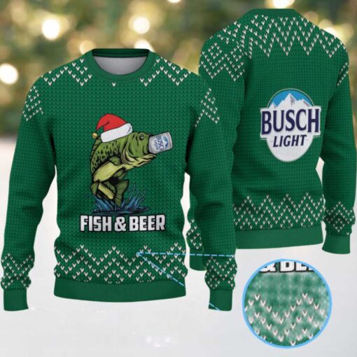 Green & White Zigzag Knit “Busch Light Fish & Beer” Ugly Christmas Sweater