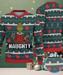Green and Red Ugly Christmas Sweater with Heart Pattern Featuring The Grinch and Naughty Quote