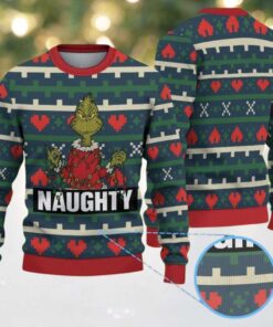 Green and Red Ugly Christmas Sweater with Heart Pattern Featuring The Grinch and Naughty Quote