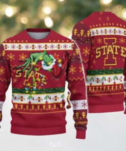 Iowa State Cyclones Merry Christmas Grinch Hand NCAA Ugly Christmas Sweater