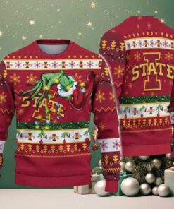 Iowa State Cyclones Merry Christmas Grinch Hand NCAA Ugly Christmas Sweater