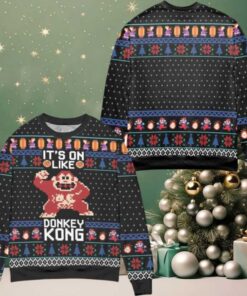 Its On Like Donkey Kong Snowflake Pattern Ugly Christmas Sweater Black