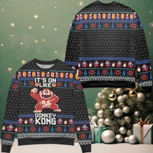 Its On Like Donkey Kong Snowflake Pattern Ugly Christmas Sweater Black