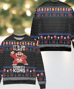 Its On Like Donkey Kong Snowflake Pattern Ugly Christmas Sweater Black