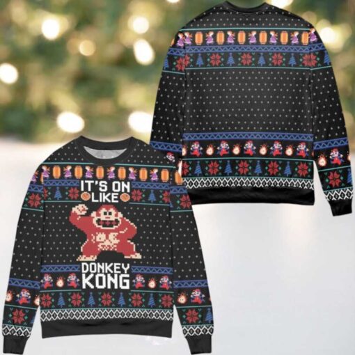 Its On Like Donkey Kong Snowflake Pattern Ugly Christmas Sweater Black