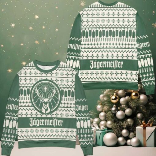 Jagermeister Logo Snowflake Pattern Ugly Christmas Sweater Green White