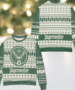 Jagermeister Logo Snowflake Pattern Ugly Christmas Sweater Green White