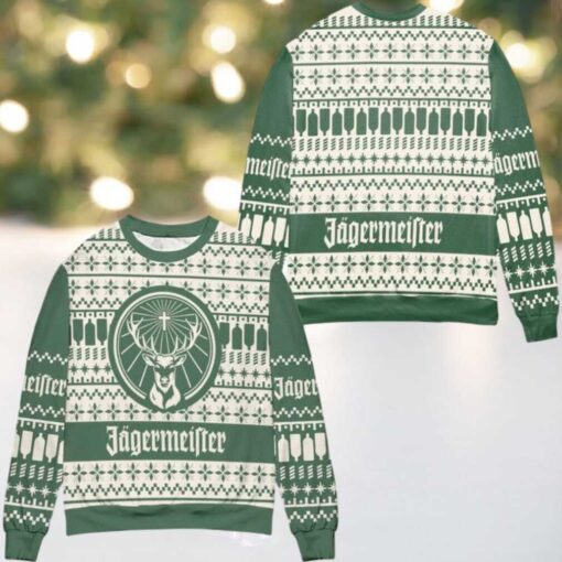 Jagermeister Logo Snowflake Pattern Ugly Christmas Sweater Green White