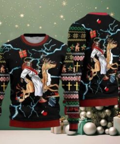 Jesus Riding Reindeer Black Ugly Christmas Sweater For Men Women Christian Sweater God Gift Gift For Christian Jesus Winter Fashion 3048