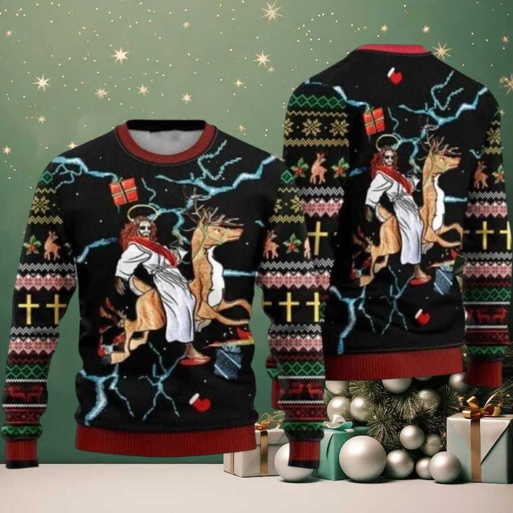 Jesus Riding Reindeer Black Ugly Christmas Sweater For Men Women Christian Sweater God Gift Gift For Christian Jesus Winter Fashion 3048 Jesus Riding Reindeer Black Ugly Christmas Sweater For Men Women Christian Sweater God Gift Gift For Christian Jesus Winter Fashion 3048