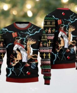 Jesus Riding Reindeer Black Ugly Christmas Sweater For Men Women Christian Sweater God Gift Gift For Christian Jesus Winter Fashion 3048