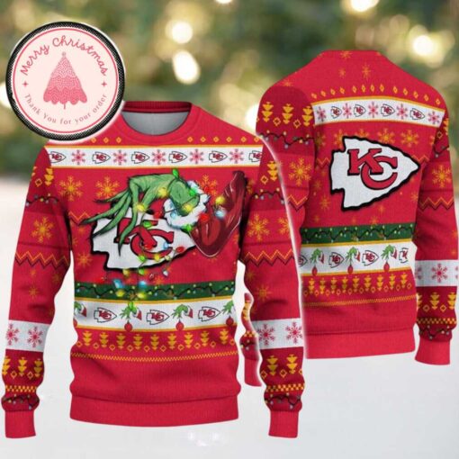 Kansas City Chiefs NFL With Special Grinchs Hand Football Knitted Ugly Christmas Sweater 2025