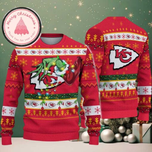 Kansas City Chiefs NFL With Special Grinchs Hand Football Knitted Ugly Christmas Sweater 2025