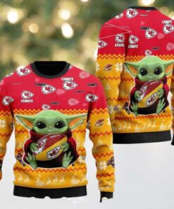 Kansas City Chiefs Team NFL With Baby Yoda Hug The Ball 2025 Knitted Ugly Christmas Sweater