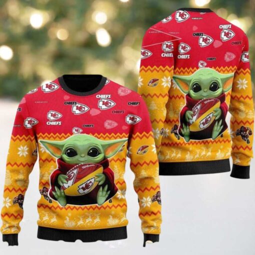 Kansas City Chiefs Team NFL With Baby Yoda Hug The Ball 2025 Knitted Ugly Christmas Sweater