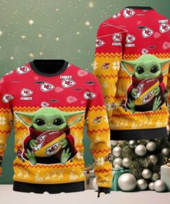 Kansas City Chiefs Team NFL With Baby Yoda Hug The Ball 2025 Knitted Ugly Christmas Sweater